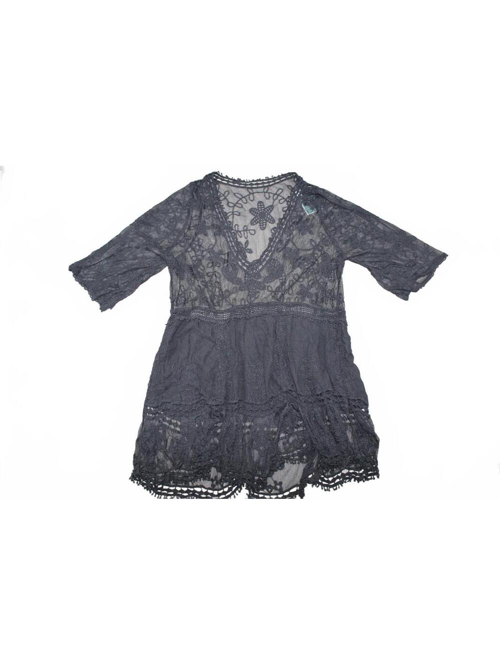Black Lace V-Neck Tunic Swim Cover Up Beach Mini Dress, Med